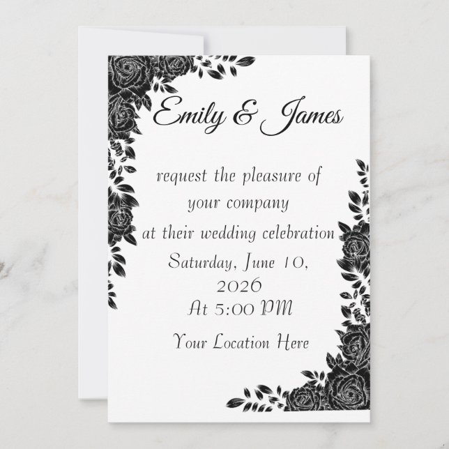 Convite de Casamento Floral Preto e Branco (Frente)