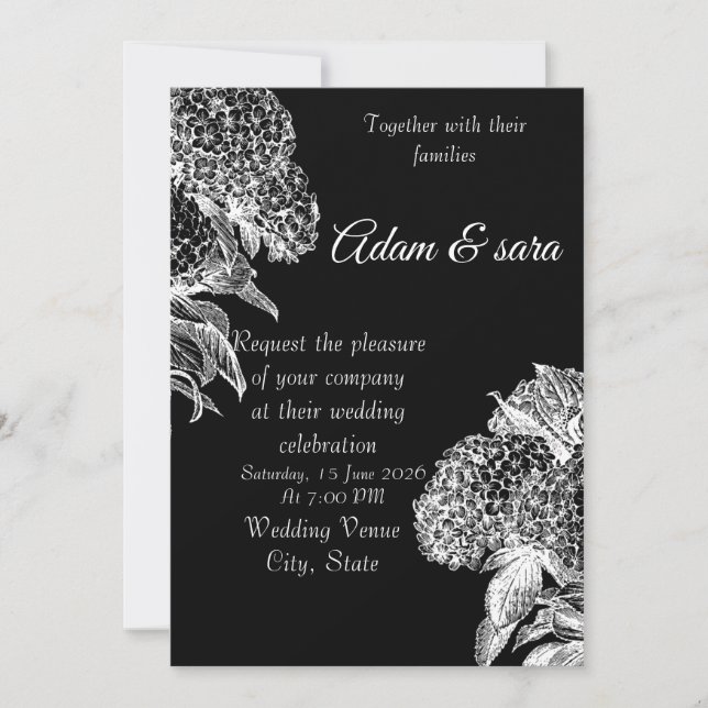 Convite de Casamento Floral Preto e Branco Elegant (Frente)