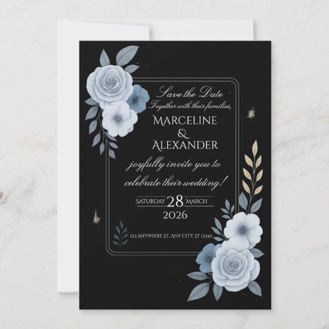 Convite de Casamento Floral Preto e Branco Elegant (Frente)