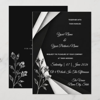 Convite de Casamento Floral Preto e Branco Elegant