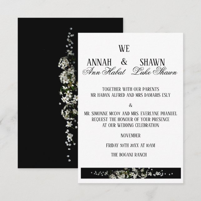 Convite de Casamento Floral Preto e Branco Moderno (Frente/Verso)