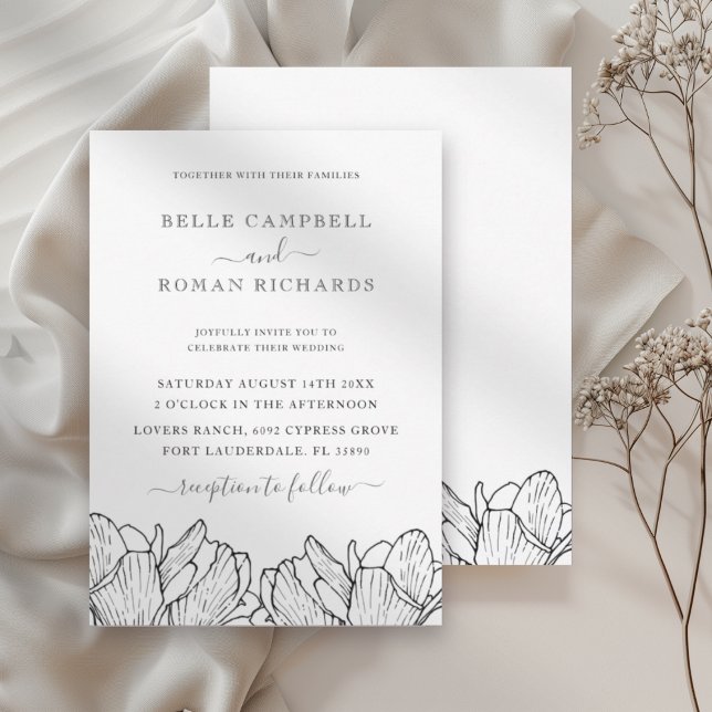 Convite de Casamento Floral Preto e Branco Moderno (Criador carregado)