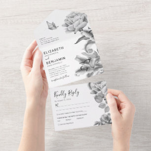 Convite de Casamento Floral Preto e Branco Tudo em