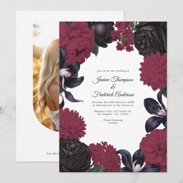 Convite de Casamento Floral Preto e Burgundy com C (Frente/Verso)