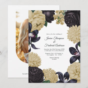 Convite de Casamento Floral Preto e Champagne com