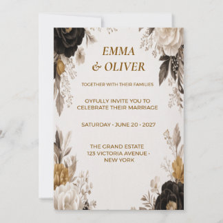 Convite de Casamento Floral Preto e Creme