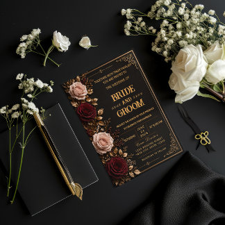 Convite de Casamento Floral Preto e Dourado Elegan