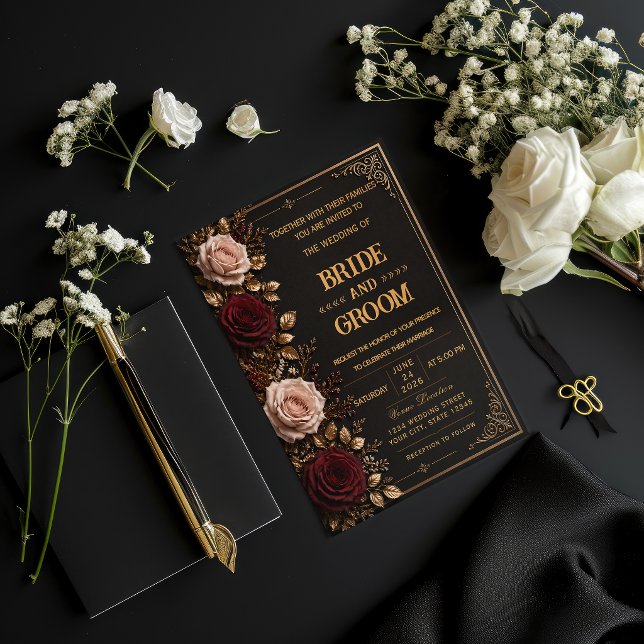 Convite de Casamento Floral Preto e Dourado Elegan (Criador carregado)