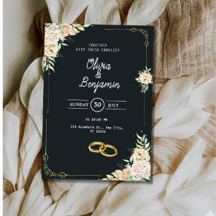Convite de Casamento Floral Preto e Dourado Elegan