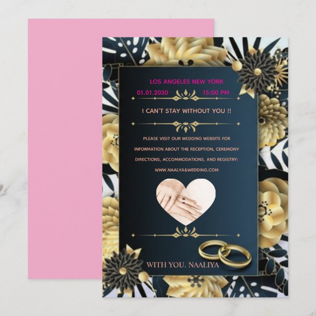 Convite de Casamento Floral Preto e Dourado Elegan (Frente/Verso)