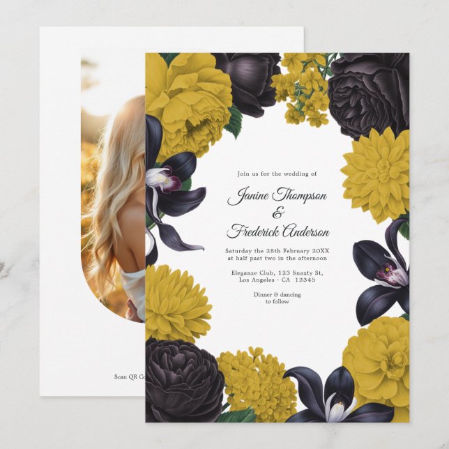 Convite de Casamento Floral Preto e Mostarda com C (Frente/Verso)