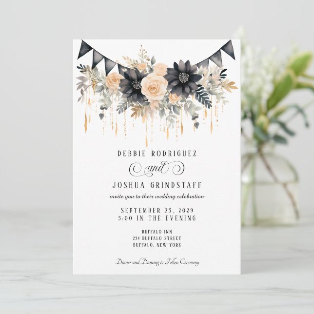 Convite de Casamento Floral Preto e Pêssego (Em pé/Frente)