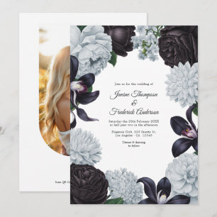 Convite de Casamento Floral Preto e Prata com Foto