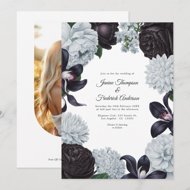 Convite de Casamento Floral Preto e Prata com Foto (Frente/Verso)