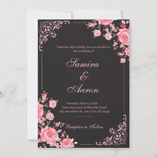 Convite de Casamento Floral Preto e Rosa