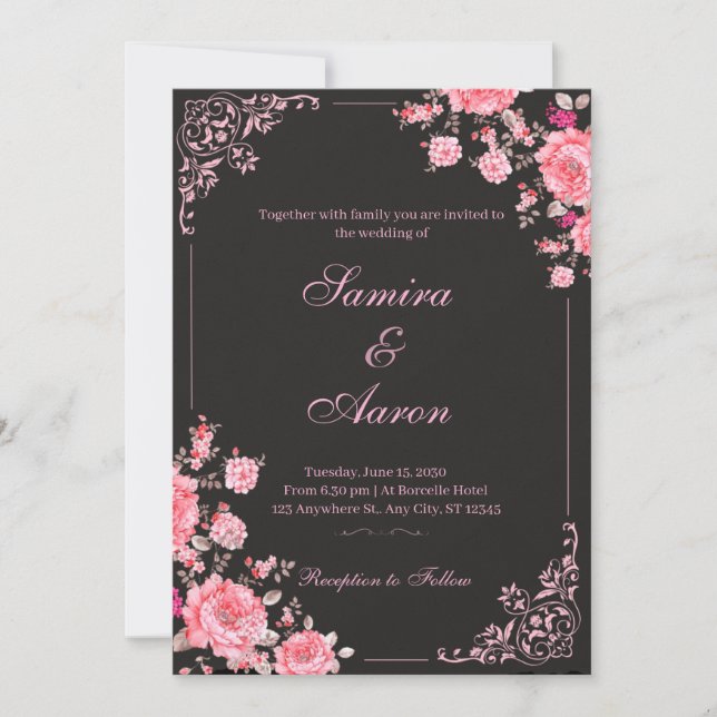 Convite de Casamento Floral Preto e Rosa (Frente)