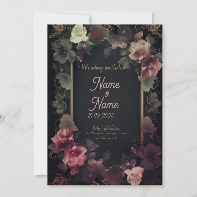 Convite de casamento floral preto e rosa (Frente)