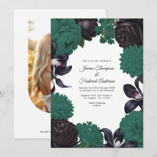 Convite de Casamento Floral Preto e Verde Esmerald