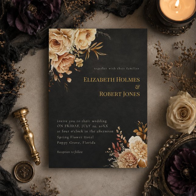 Convite de Casamento Floral Preto Floresta Bruxa (Forest Witch Black Floral Wedding Invitation)