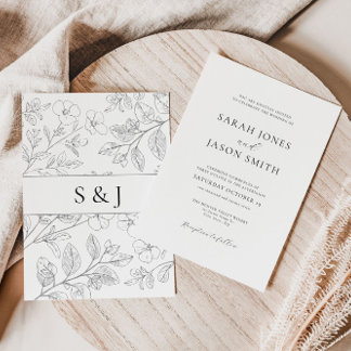 Convite de Casamento Floral Preto Minimalista