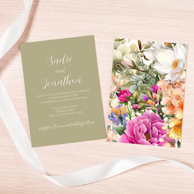 Convite de Casamento Floral Primavera Verde Sage (Criador carregado)