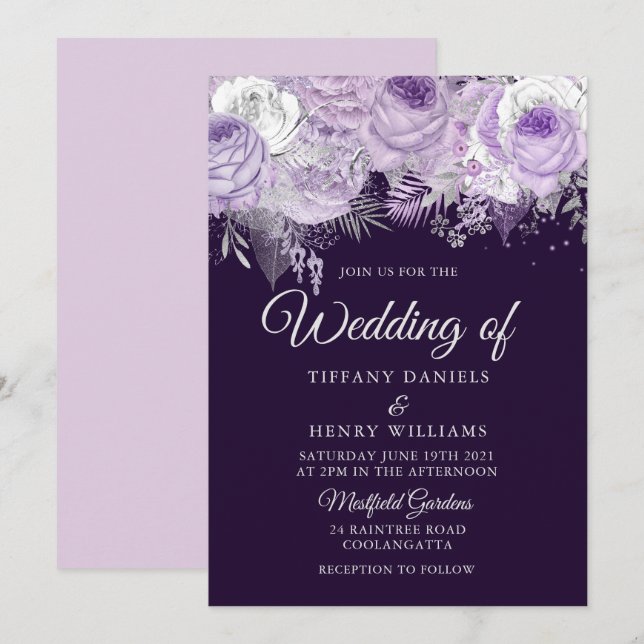 Convite de casamento Floral Purple Sparkle Bonito (Frente/Verso)