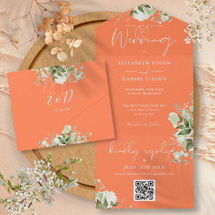 Convite de Casamento Floral QR Code Monograma Cora