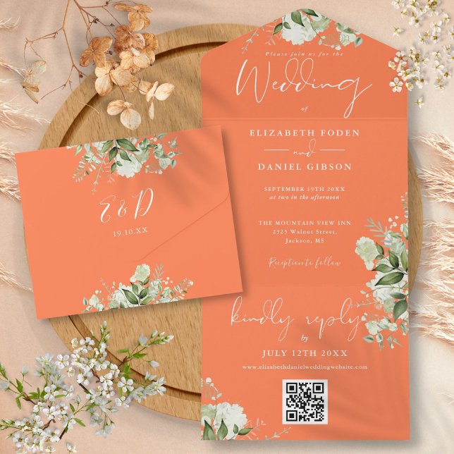 Convite de Casamento Floral QR Code Monograma Cora (Greenery Floral QR Code Monogram Coral Wedding All In One Invitation)