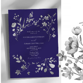 Convite de casamento Floral Real Azul Prata