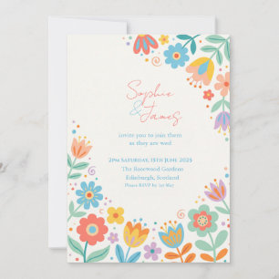 Convite de Casamento Floral Retro Colorido