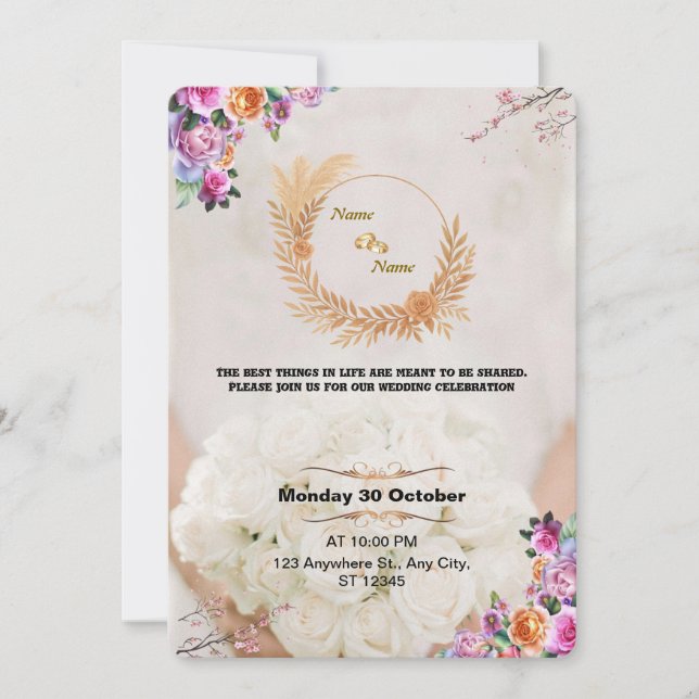 Convite de Casamento Floral Romântico Dourado (Frente)