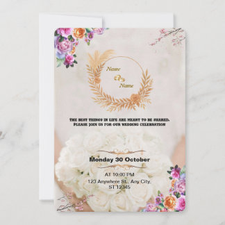 Convite de Casamento Floral Romântico Dourado
