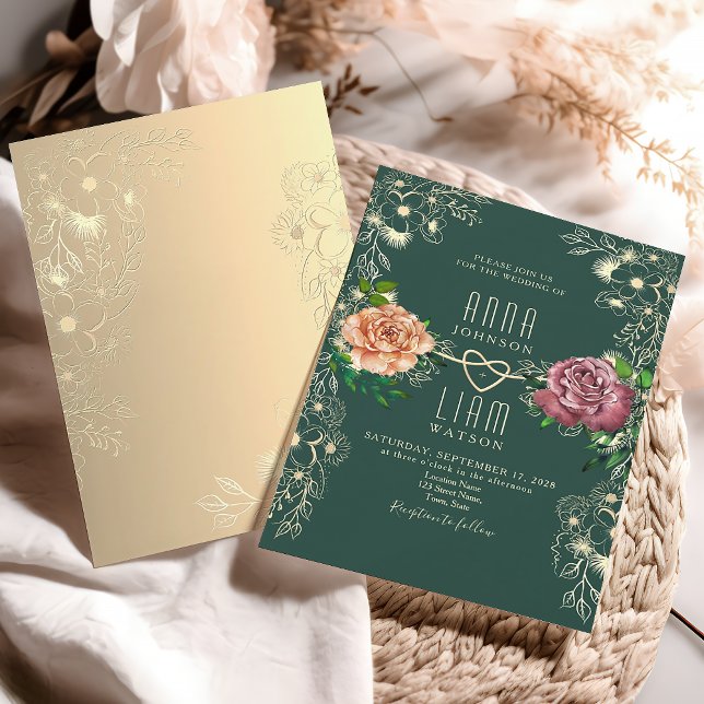 Convite de Casamento Floral Romântico Esmeralda Ve (Criador carregado)