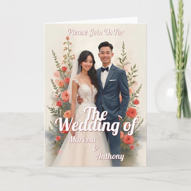 Convite de casamento floral romântico estilo vinta (Frente)