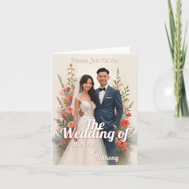 Convite de casamento floral romântico estilo vinta (Frente)
