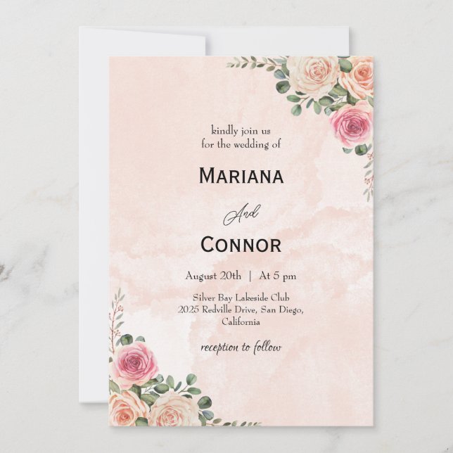 Convite de Casamento Floral Romântico Rosa Creme (Frente)