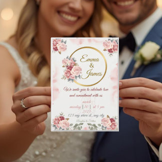 Convite de Casamento Floral Romântico | Rosa e Dou