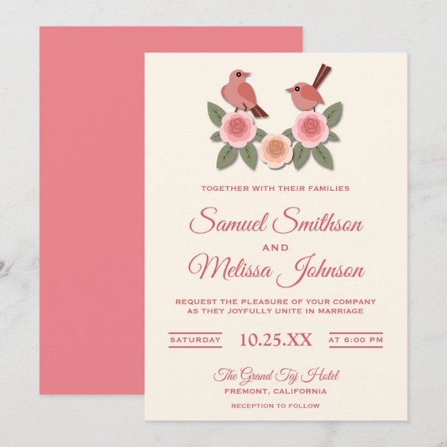 Convite de Casamento Floral Romântico Rosa Fofo (Frente/Verso)