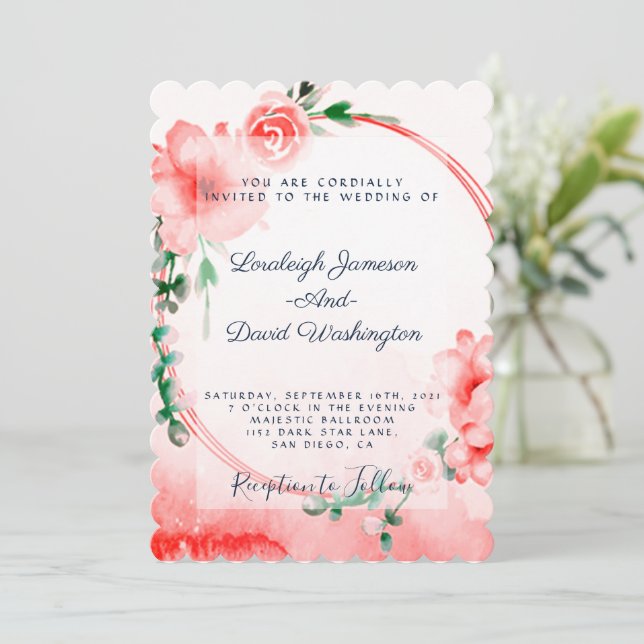 Convite de casamento floral rosa (Em pé/Frente)