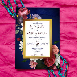 convite de casamento floral rosa azul-burlu marinh