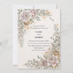 Convite de Casamento Floral Rosa Bege