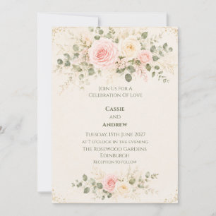 Convite de Casamento Floral Rosa Bege