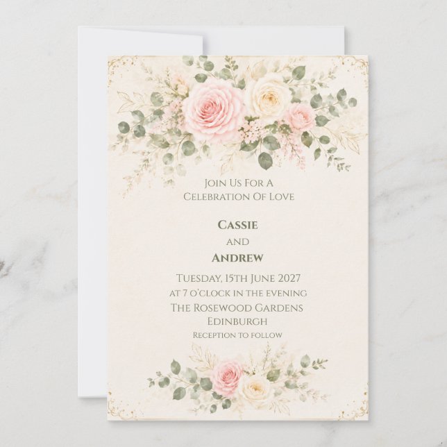 Convite de Casamento Floral Rosa Bege (Frente)