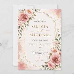 Convite de Casamento Floral Rosa Bege Aquarela