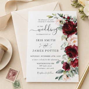 Convite de Casamento Floral Rosa Bege Burgundy Chi
