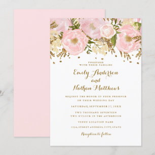 Convite de Casamento Floral Rosa Bege Dourado Boni
