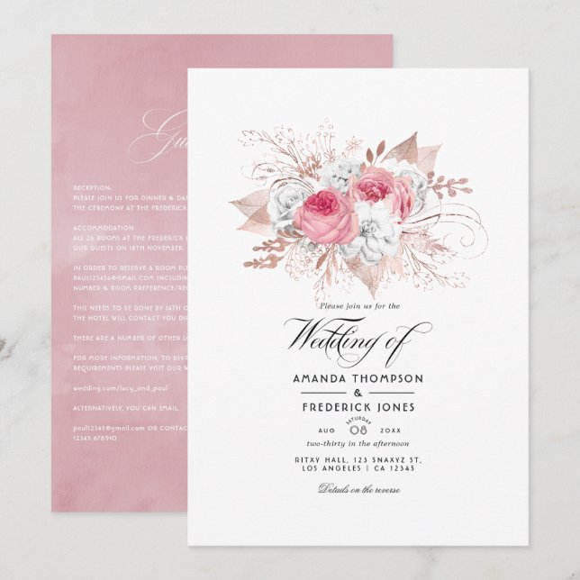 Convite de Casamento Floral Rosa Bege e Dourado Ro (Frente/Verso)