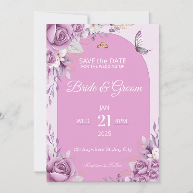 Convite de Casamento Floral Rosa Bege Elegante | (Frente)