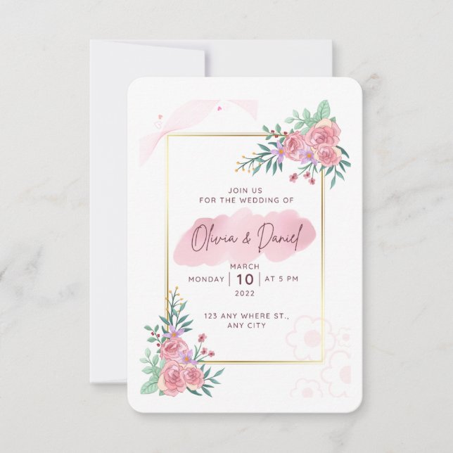 Convite de Casamento Floral Rosa Bege Elegante (Frente)