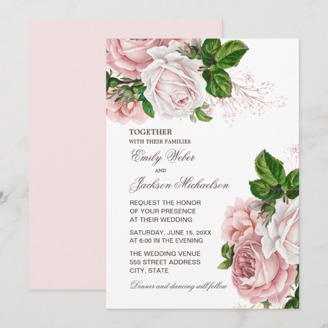 Convite de Casamento Floral Rosa Bege Elegante (Frente/Verso)